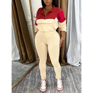 Women's Colorblock Zipper Patchwork Skinny Pants Set, Casual Fitted Two-Piece for Spring & Fall Seasons, Comfortable Daily Wear