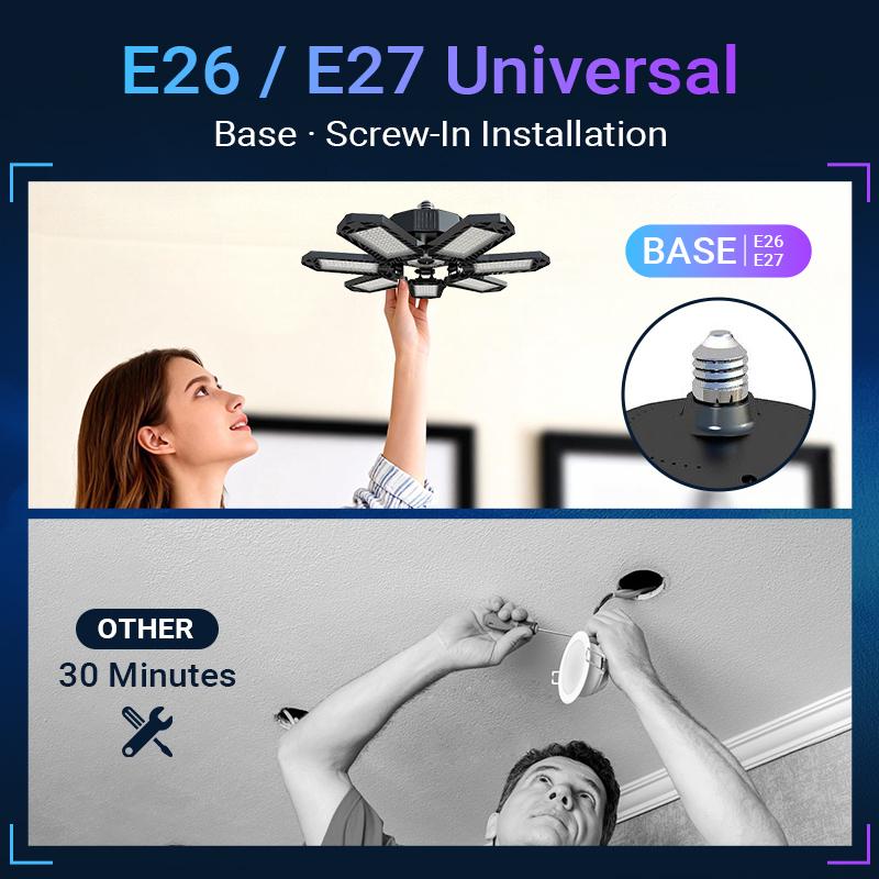 2pcs FOLDABLE GARAGE LIGHT 600W Deformable Bright Shop Ceiling Bulb Lamps E26/E27 6500k Barn Warehouse Garage Foldable 7+1 Panel Work Light Super Bright Illumination Easy Installation