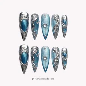 Y2K Press On Nails, Silver Chrome Cyberpunk Blue Liquid Metal Gothic, Almond Gel Tips, Reusable Manicure