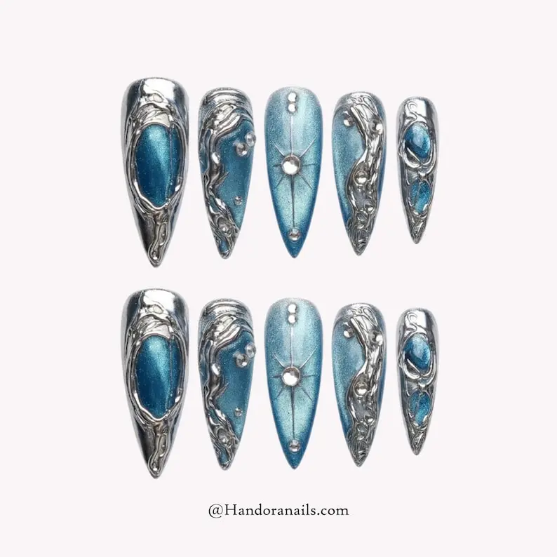 Y2K Press On Nails, Silver Chrome Cyberpunk Blue Liquid Metal Gothic, Almond Gel Tips, Reusable Manicure