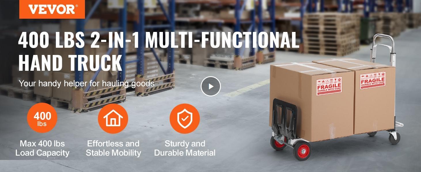 VEVOR Aluminum Folding Hand Truck, TikTokShopBlackFriday, 2 in 1 Design Max 800 lbs Capacity, Heavy Duty Industrial Collapsible cart, Dolly Cart with Rubber Wheels for Transport and Moving in Warehouse, Supermarket, Garden