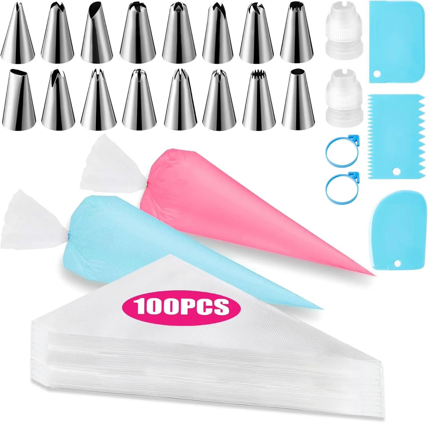 Piping Bags and Tips Set, Cakes Decorating Supplies Kit with 100pcs 12 Inch Pastry Bags, 16 Piping Tips, 3 Cake Scraper, 2 Couplers, 2 Bag Ties, Simple and Convenient Baking Supplies Set Bakeware Stainless Birthday Steel