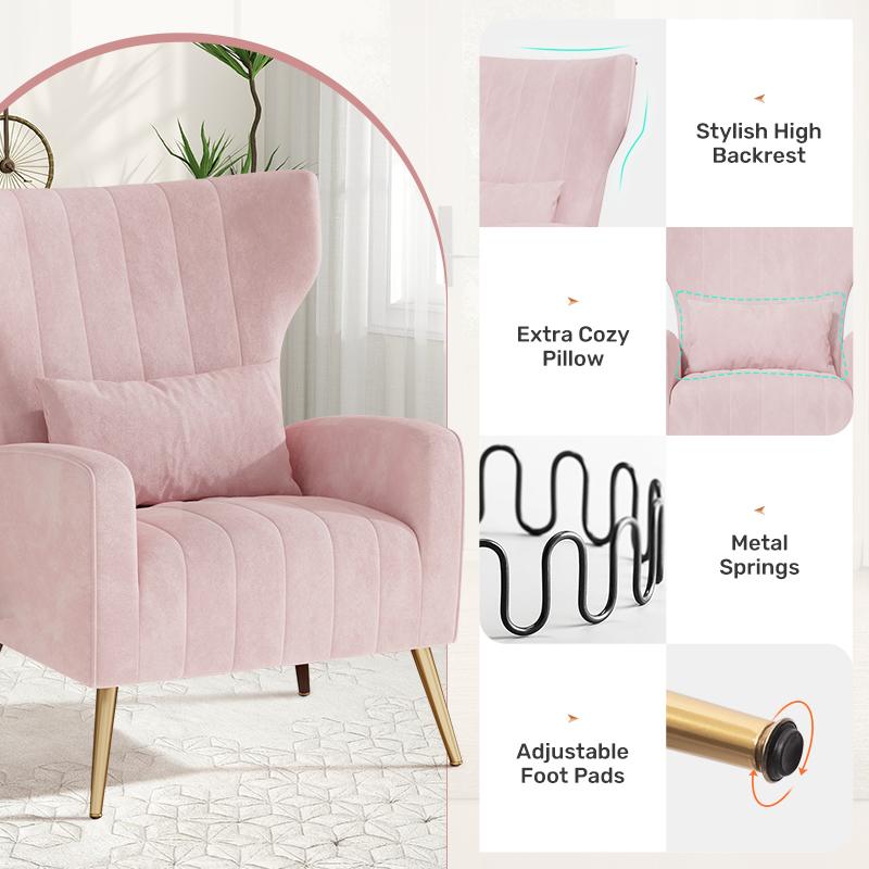 Velvet Accent Chair Wingback for Living Room, High Back Arm Chair with Golden Legs Lumbar Pillow, Upholstered Single Sofa Bedroom Beige