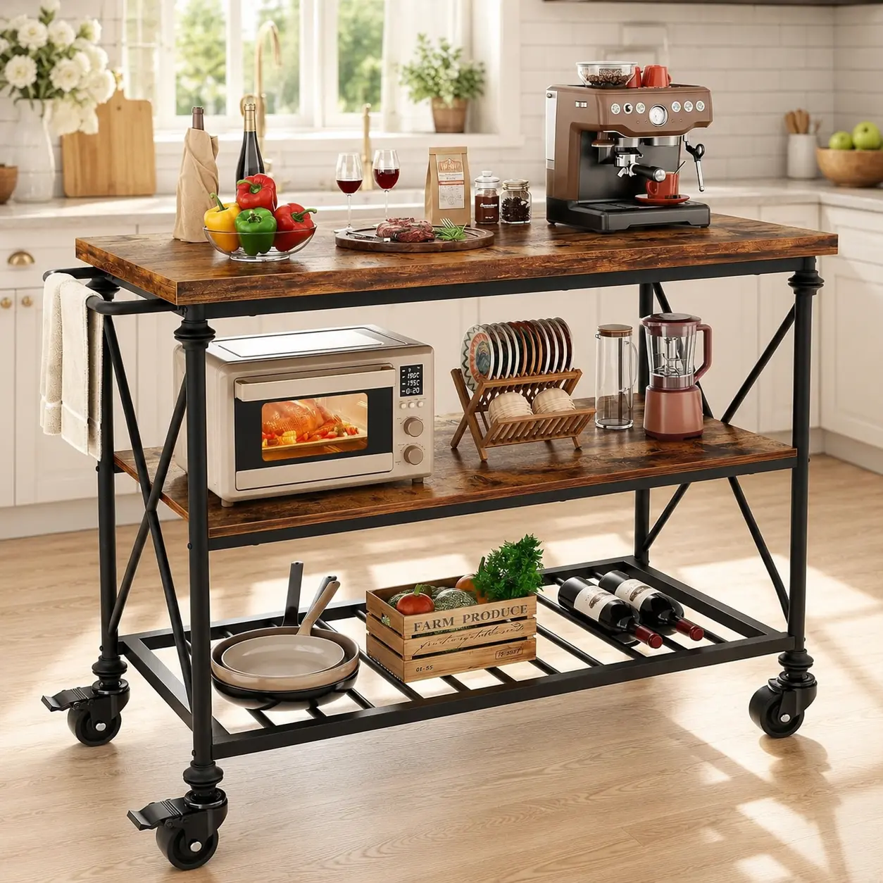 Homieasy Kitchen Island Cart with Locking Wheels, 3-Tier Wood & Metal Kitchen Table with Storage Shelves, Kitchen Rolling Island with Industrial Pipe Legs