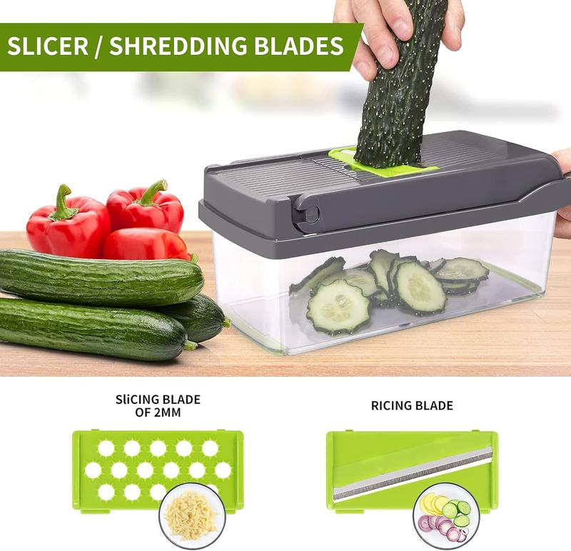 Vegetable Chopper Multifunctional 14-in-1 ABS & Stainless Steel Blades Onion Chopper Slicer Cutter Dicer with 8 Interchangeable Blades Colander Basket Container for Salad Potato Carrot Garlic Easy Clean