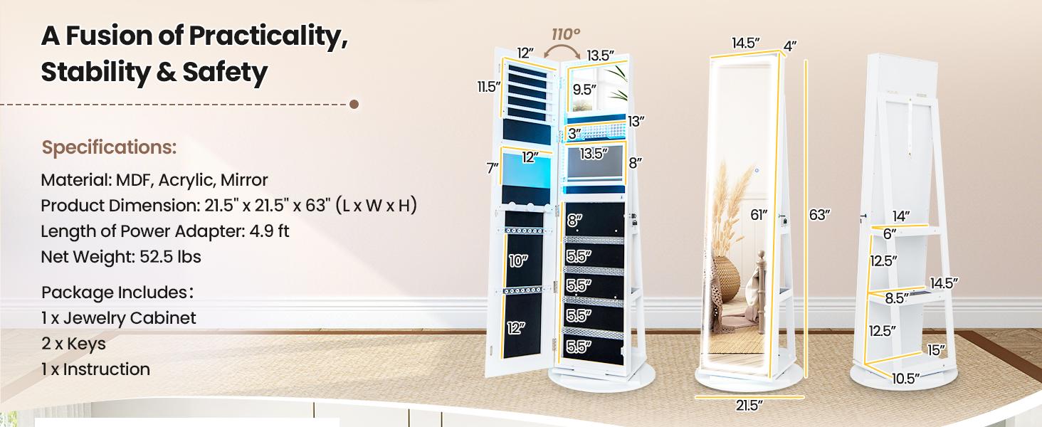 COSTWAY 360° Swivel Jewelry Armoire with Full Length Mirror, Rear Storage Shelves, Lockable Standing Jewelry Cabinet Organizer with Interior Vanity Mirror and 3-Color Lights, Christmas Festival Gift Black Friday Cyber Monday