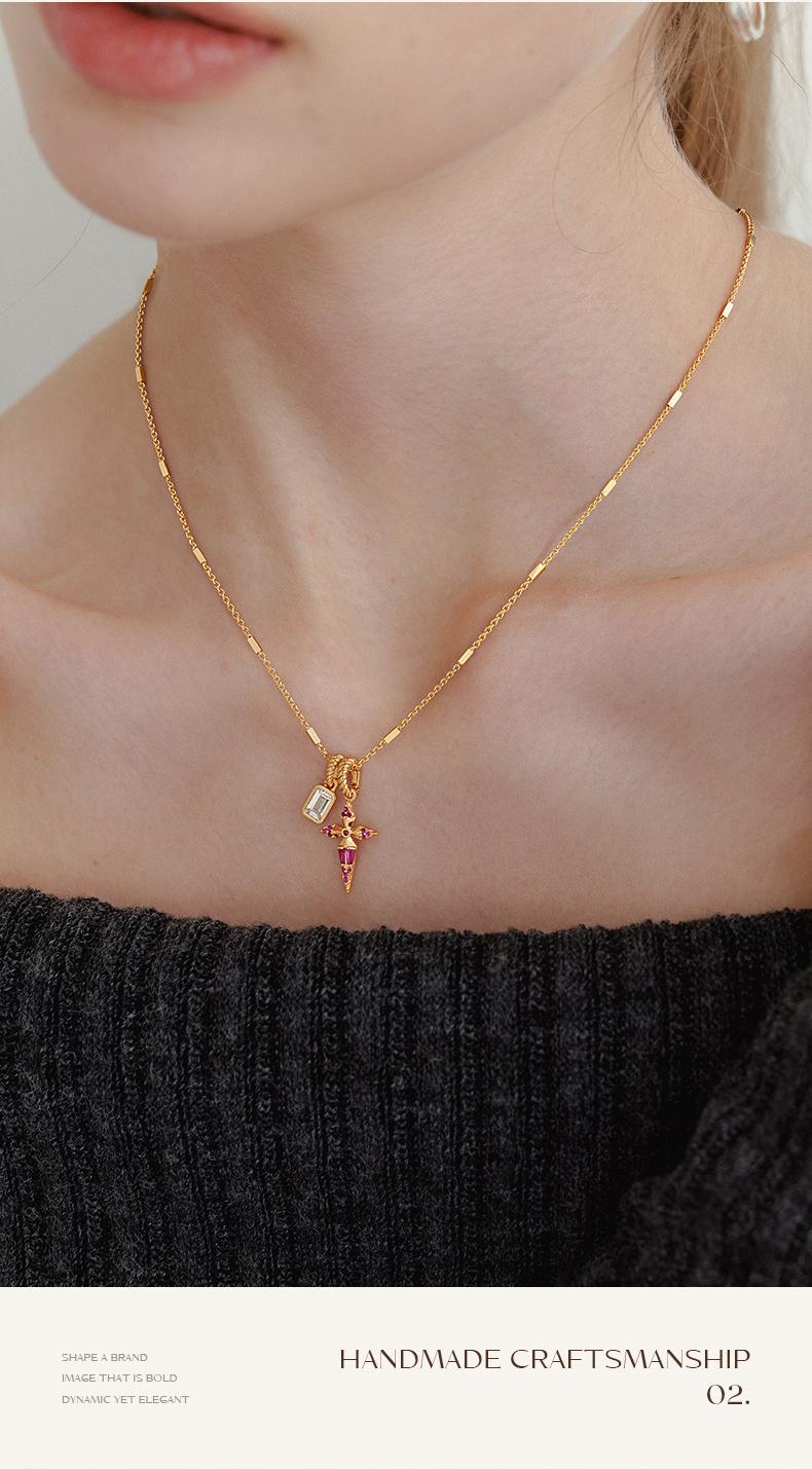 FetteroGold Plated Cross Necklace with Pink Sapphire and Crystal Charms - Twisted Rope Chain Pendant Necklace for Women FetteroGold Plated Cross Necklace with Pink Sapphire and Crystal Charms - Twisted Rope Chain Pendant Necklace for Women