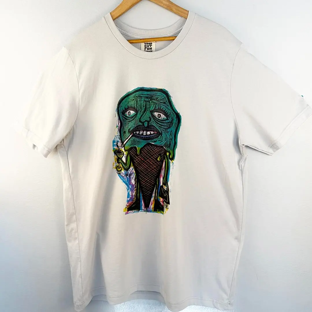 Meltdown Blue Ras Mary Colorway Hand Printed Woodcut T-Shirt Menswear Cotton Top Classic Casual Graphics