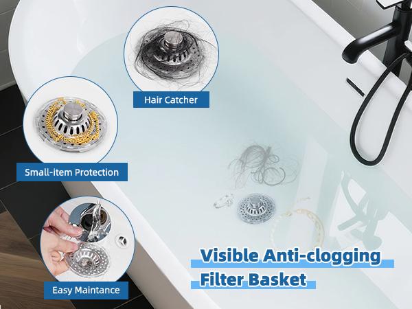 Hibbent Universal Bathroom Sink Drain Strainer Hair Catcher, 3 in 1 Pop-up Brass Metal Bathroom Sink Stopper Fit for Standard 1.1''~2.36'' Basin Hole, Transparent Edge