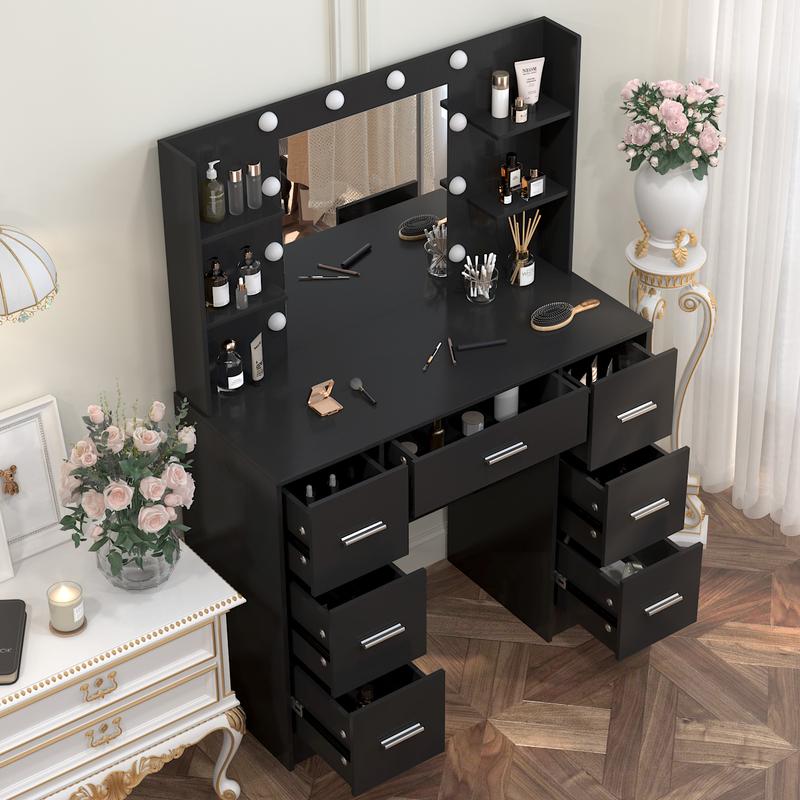 Black LED Dressing Mirror Makeup Table Bedroom Vanity Unit Set with 7 Drawers