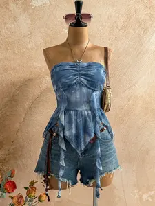 2026 Spring Summer Paisley Print Ruffle Asymmetrical Hem Halter Top Ruched Tie Backless Crop Tops