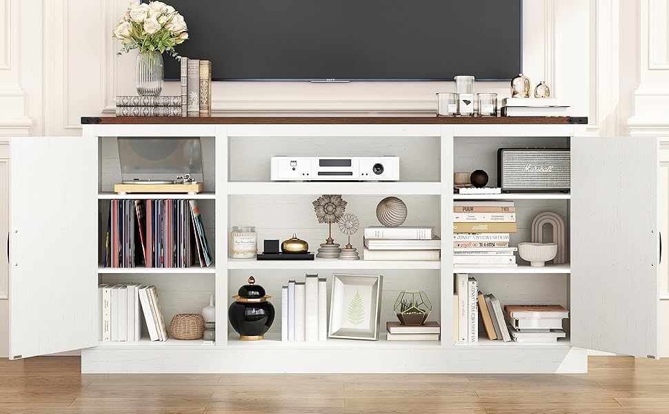 66" Farmhouse TV Stand with Power Outlets for 75 65 Inch TVs, 33" Tall Entertainment Center with Storage Cabinets with Adjustable Shelves, Rustic Large TV Media Console for Living Room
