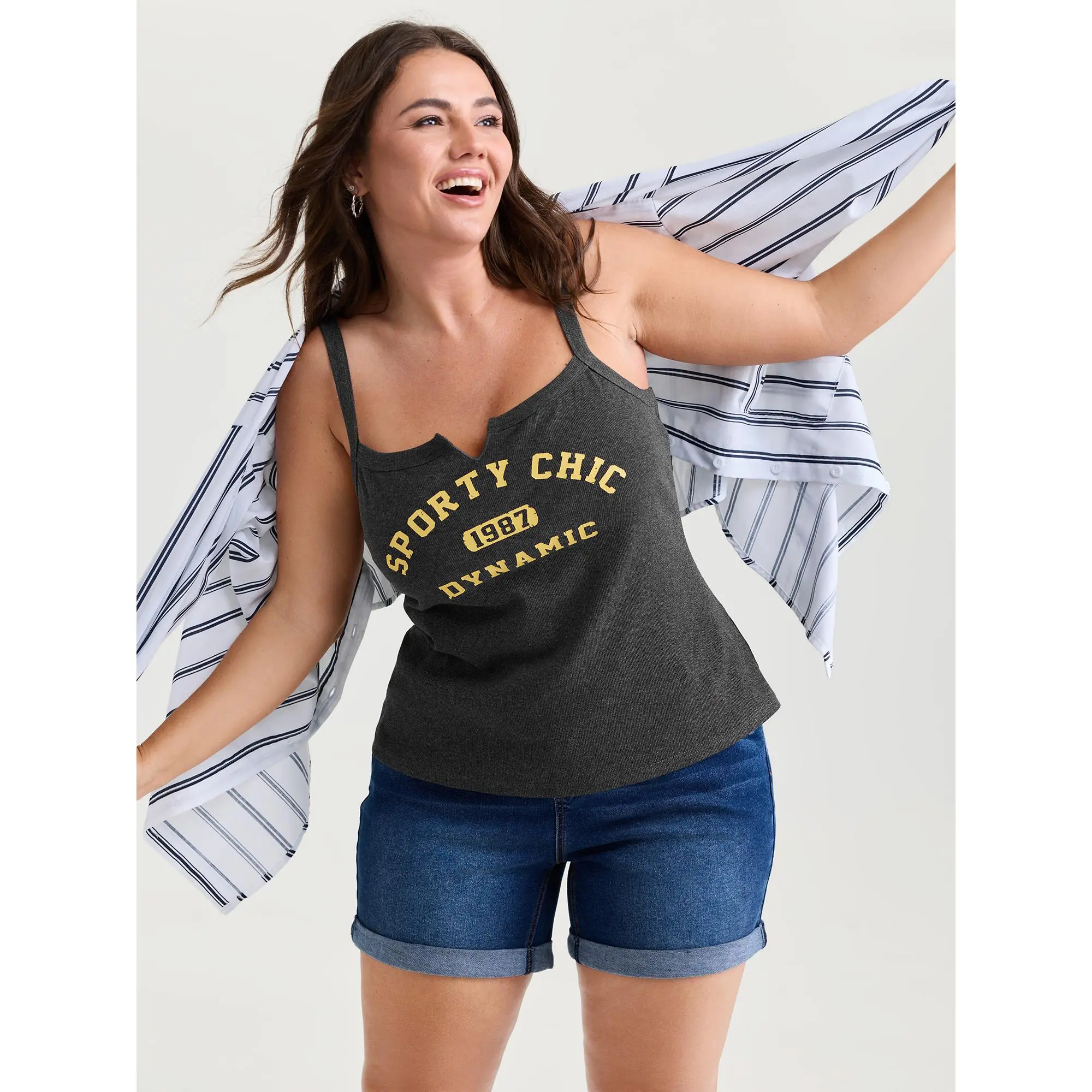 【Summer Turn-Up】BLOOMCHIC Plus Size Sporty Chic Pattern Tank Top [M-6X] 2026 Summer Vibes Grey Fit Swimweek