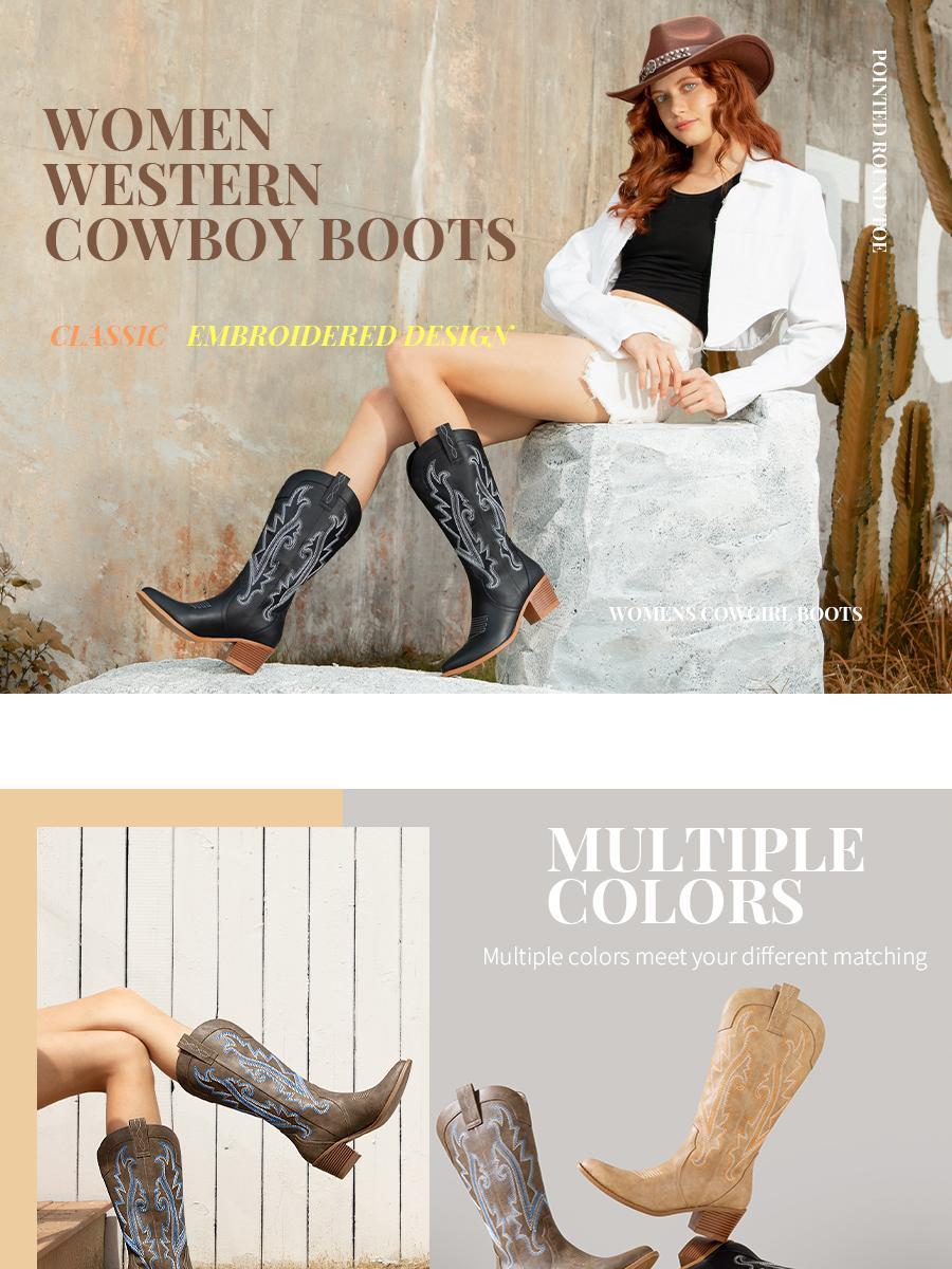Athlefit Women's Embroidered Western Cowboy Boots Fashion Pointed Toe Chunky Heel Mid Calf Cowgirl Boots Walking Shoes Footwear Black Bathroom SpringStatements
