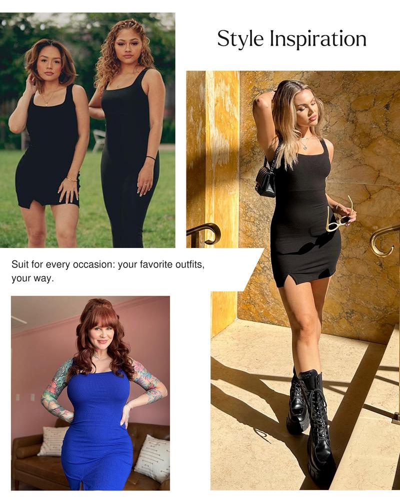 Popilush 8-in-1 Shapewear Square Neck Mini Dress Wide Straps Built-In Bra Thigh Slit Tummy Control Going Out Breathable Body Shaper Womenswear