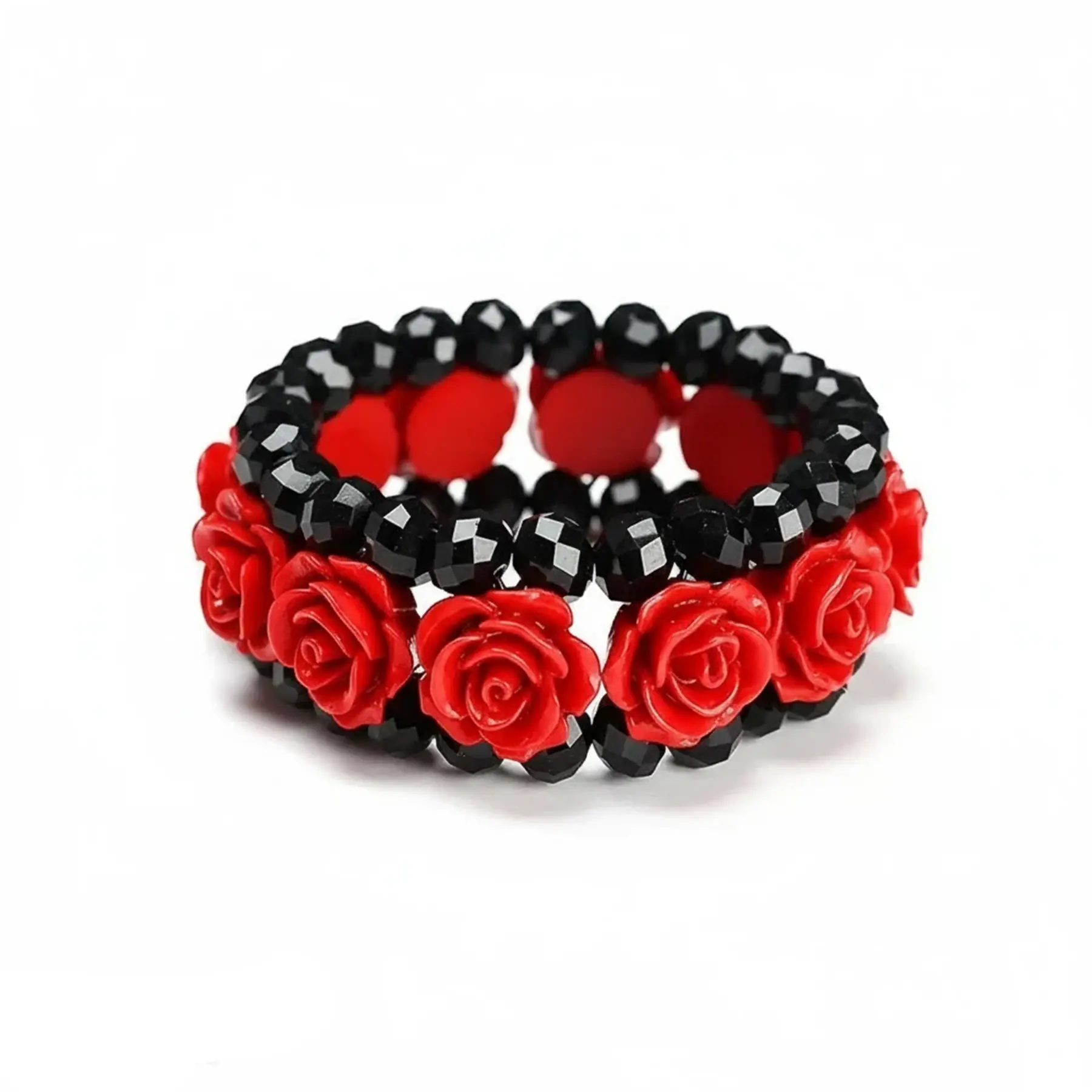 Arm Candy Accessories, Handcrafted Black Crystal Beads with 3D Floral Charm, Hip-Hop Style Streetwear Jewelry, Adjustable Fit, Attracts Wealth, Red Rose, Bestie