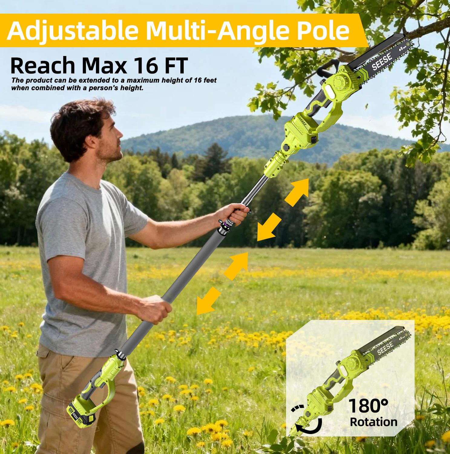 2 in 1 Mini Chainsaw with 2 x 21V Batteries, 8" Brushless Electric Pruner, Telescopic Pruning Saw, Working Height up to 15ft, 180° Angled Head, Shoulder Strap