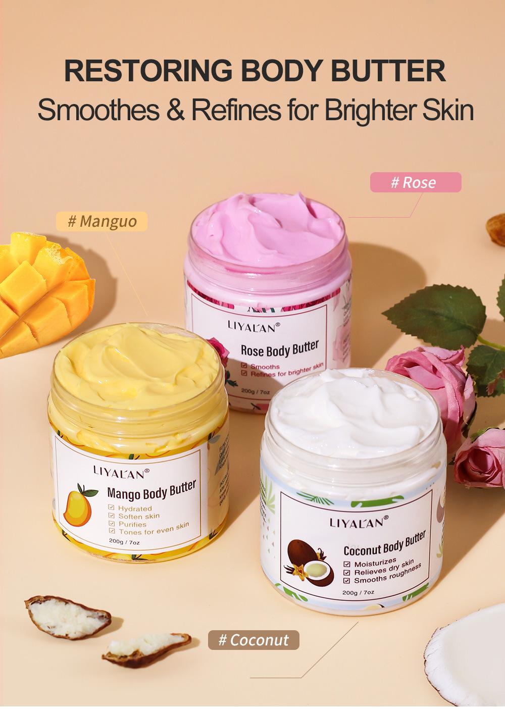 LIYALAN Coconut Rose & Mango Body Butter 7oz Each - Moisturizing & Skin Repairing Lotion for Comfortable Skin Care