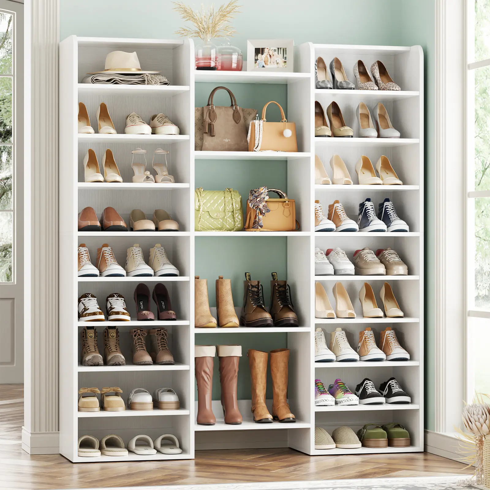 10-Tiers Shoe Rack, 60''H×47''W, Freestanding Shoe Storage Organizer with Storage Shelves for Entryway, Wooden Shoe Cabinet with 22 Open Cubbies,dorm essentials,home decor