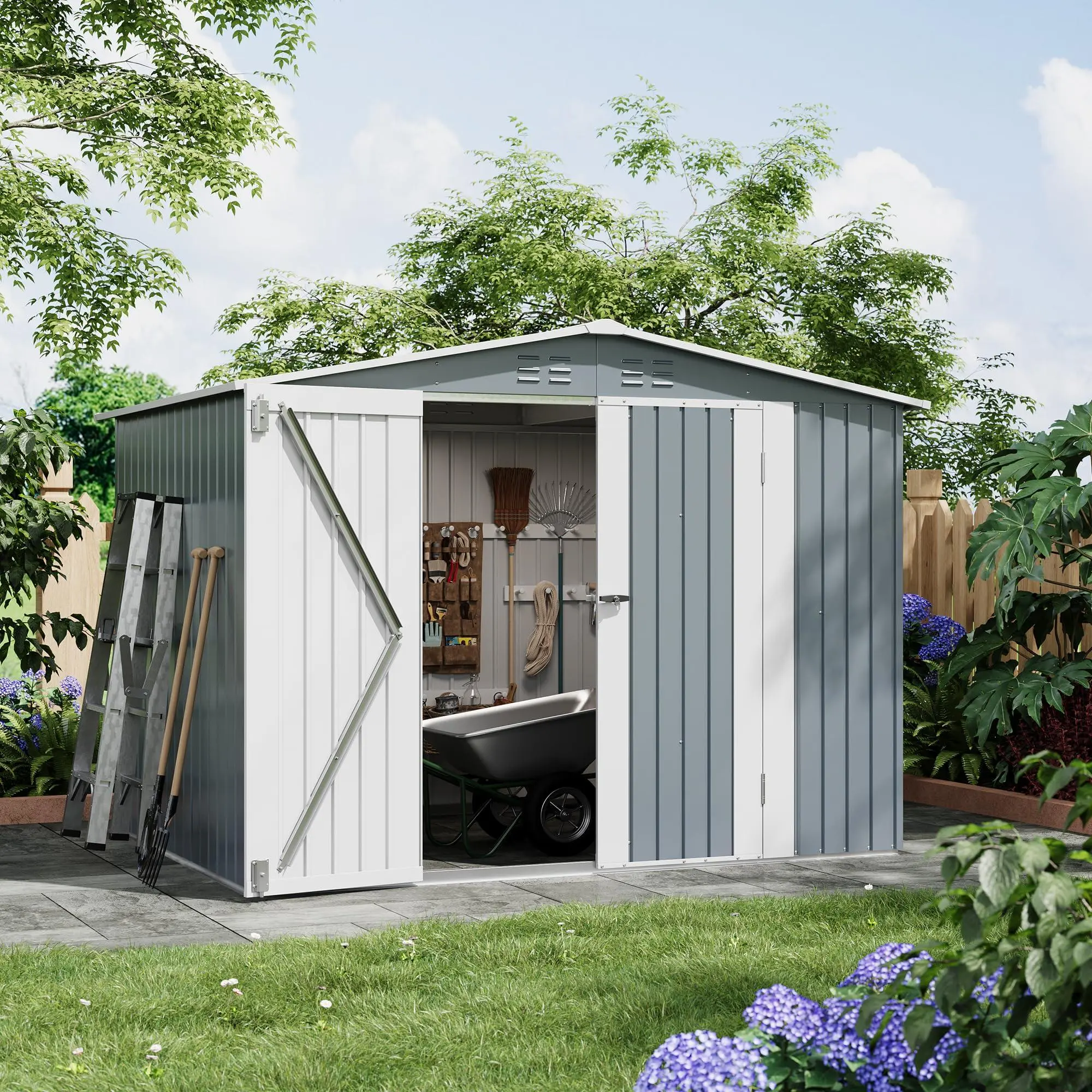 GARVEE Outdoor Storage Shed 8x6 FT, Metal Garden Tool Shed with Lockable Double Doors & Vents, Weather-Resistant Backyard Storage Shed for Tools, Lawn Equipment & Patio
