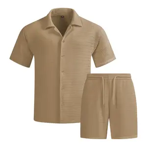 Men's solid color summer vacation set, regular style, paired with textured button down short sleeved shirt and matching drawstring shorts, easily interprets the exquisite coastal style, casual travel, vacation and leisure