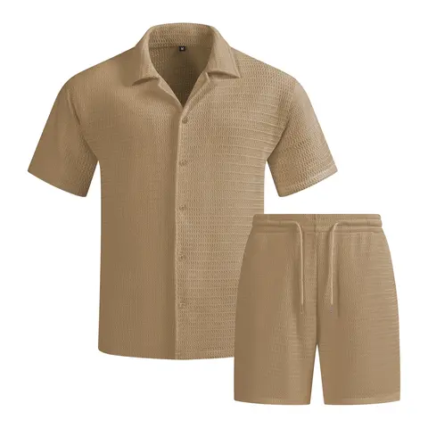 Men's 2-Piece Preppy Casual Menswear Set - Regular-Fit Solid Color Collared Short-Sleeve Button-Down Blouse/Shirt & Drawstring Shorts, Minimalist Basics for Summer Holiday, Cold-Wash Compatible Polyester Outfit