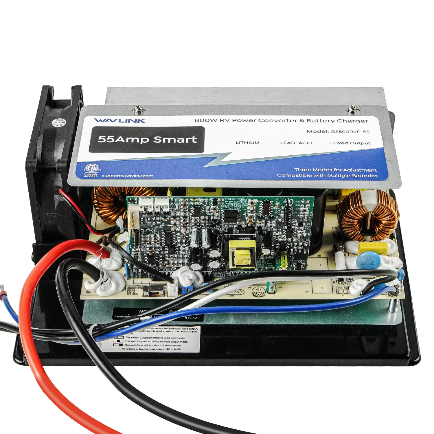 WAVLINK 55Amp RV Power Converter - 120V AC to 12V DC Battery Charger with 3 Smart Modes, 13V-16.5V Range, Metal Body, Cooling Fan, Multi-Protection (Reverse Polarity, Thermal, Current Limiting), for Lithium Ion Batteries in RVs