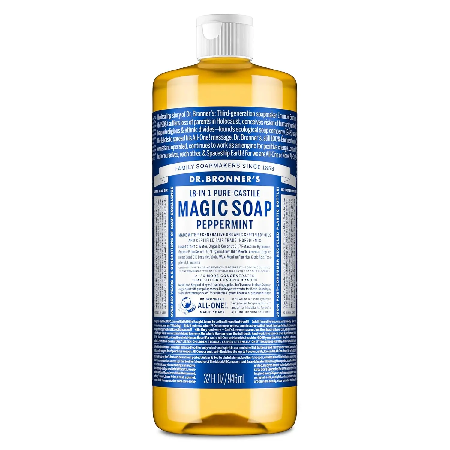 Dr. Bronner's Pure-Castile Magic Liquid Soap - Made with Regenerative Organic Certified Oils- 18-in-1 Uses for Face, Body, Hand, Hair, Laundry & More- Vegan, Non-GMO- Body Wash- Peppermint,32oz