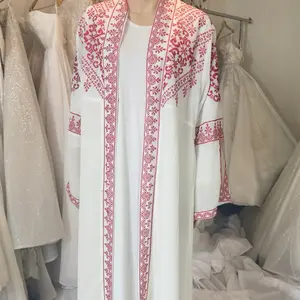 Arabic Hajab Hand Made White with Red Embroidery Traditional Islamic Clothing for Women
