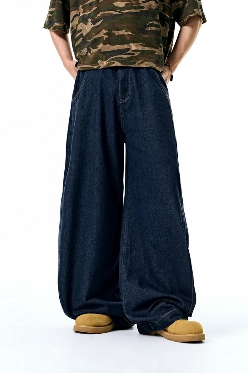 Inflation Baggy Washed Streetwear Wide-Leg Curved Blade Denim Pants Spring Summer New American Style Loose Fit Cargo Jeans Men's Casual Beige Plain Trousers with Pockets Pull On Valentine's Day