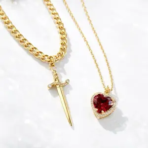 18k Gold Heart and Sword Matching Necklace Set for Couples - Stainless Steel 18K Gold Plated - Tarnish Resistant - 18 Inch Chain - Valentine's Day Gift Protection