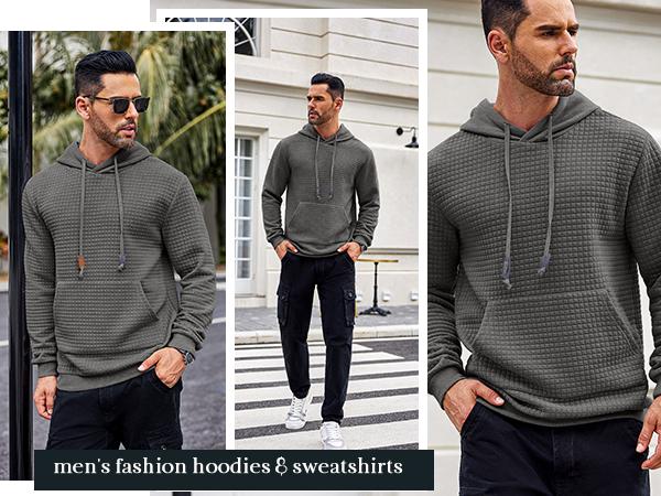 COOFANDY Men's Hooded Sweatshirt Long Sleeve Fashion Gym Athletic Hoodies Solid Plaid Jacquard Pullover with Pocket Classic Menswear hoodie Wool Beige