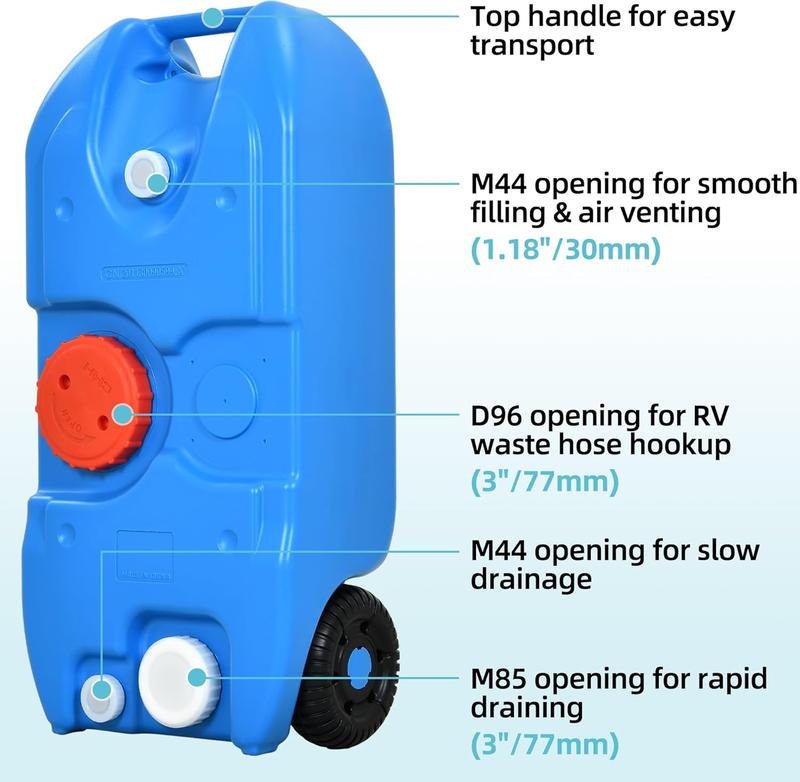 YITAMOTOR 40L Portable Water Tank with Solid Handle, Odorless Tote for Camper with Large Wheels, Portable Water Holding Tank with Filling and Draining Ports for Efficient Water Management, Blue