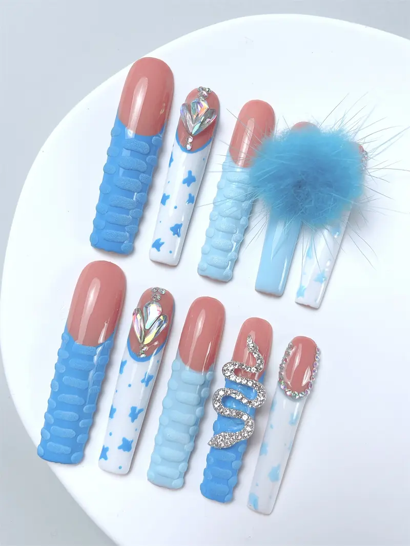 10pcs Handmade Press On Nail Set Extra Long False Nails with Nail Stickers & Blush Charms Box Included for Easy Storage Poly Gel Rhinestone Decor High Quality Glitter