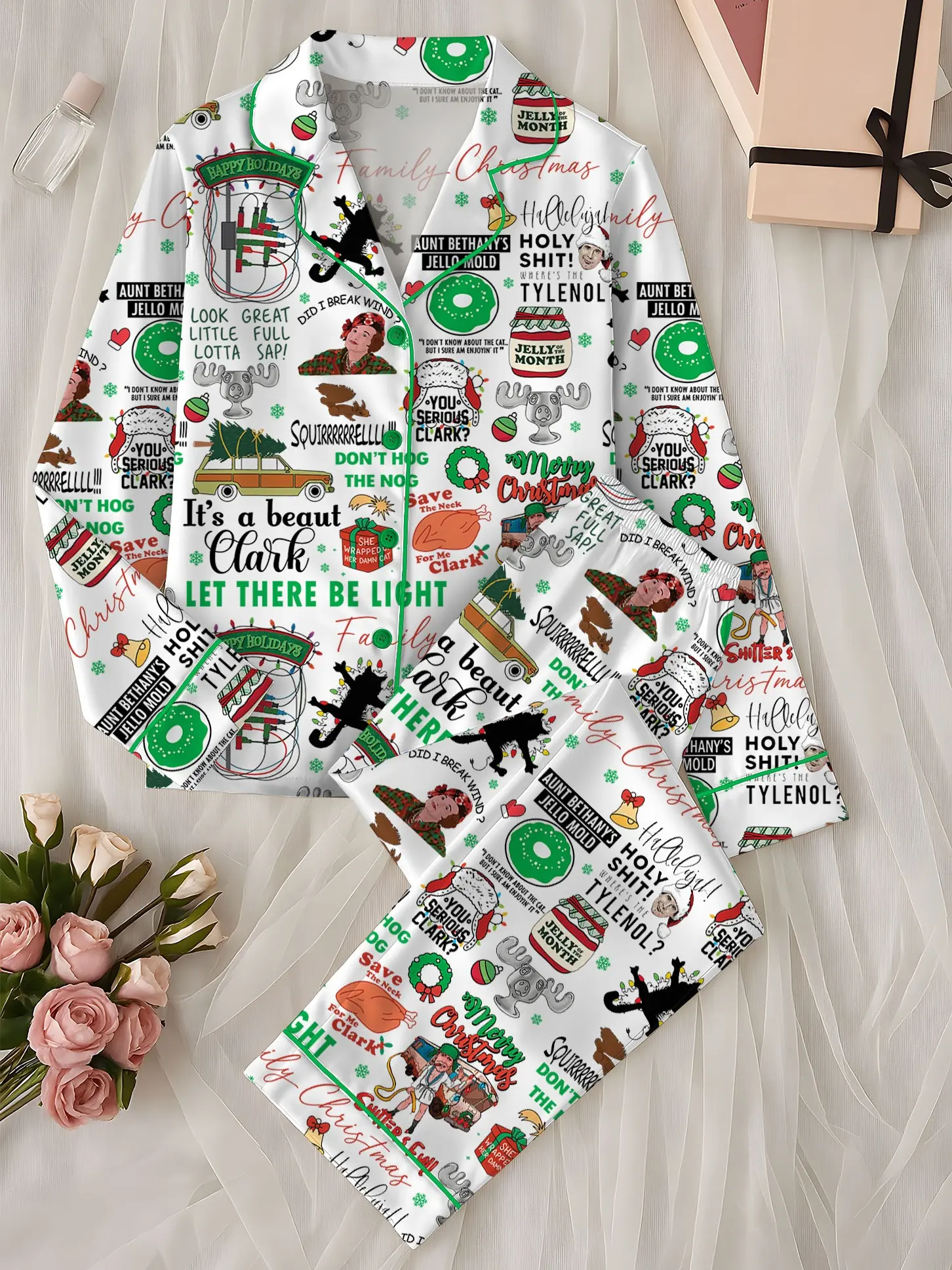 It's A Beaut Clark Christmas Women's Set, Long Sleeve Button Front Top & Elastic Pants, Soft Comfortable Holiday Sleepwear for Women