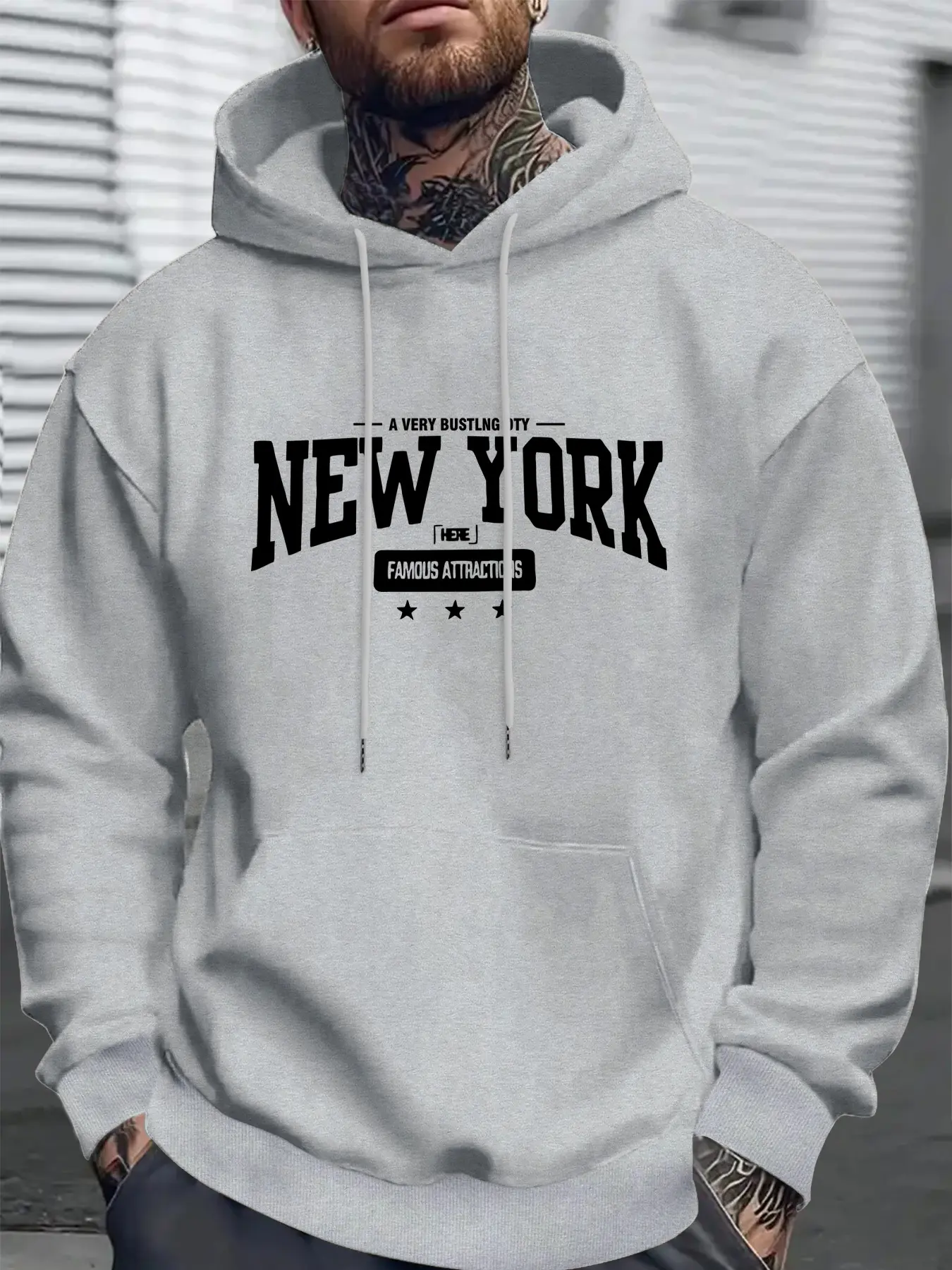 Men's New York Letter Print Fleece Hoodie, Drawstring Pocket Long Sleeve Pullover, Casual Fashion Top for Fall & Winter, Graphic Print Hoodie