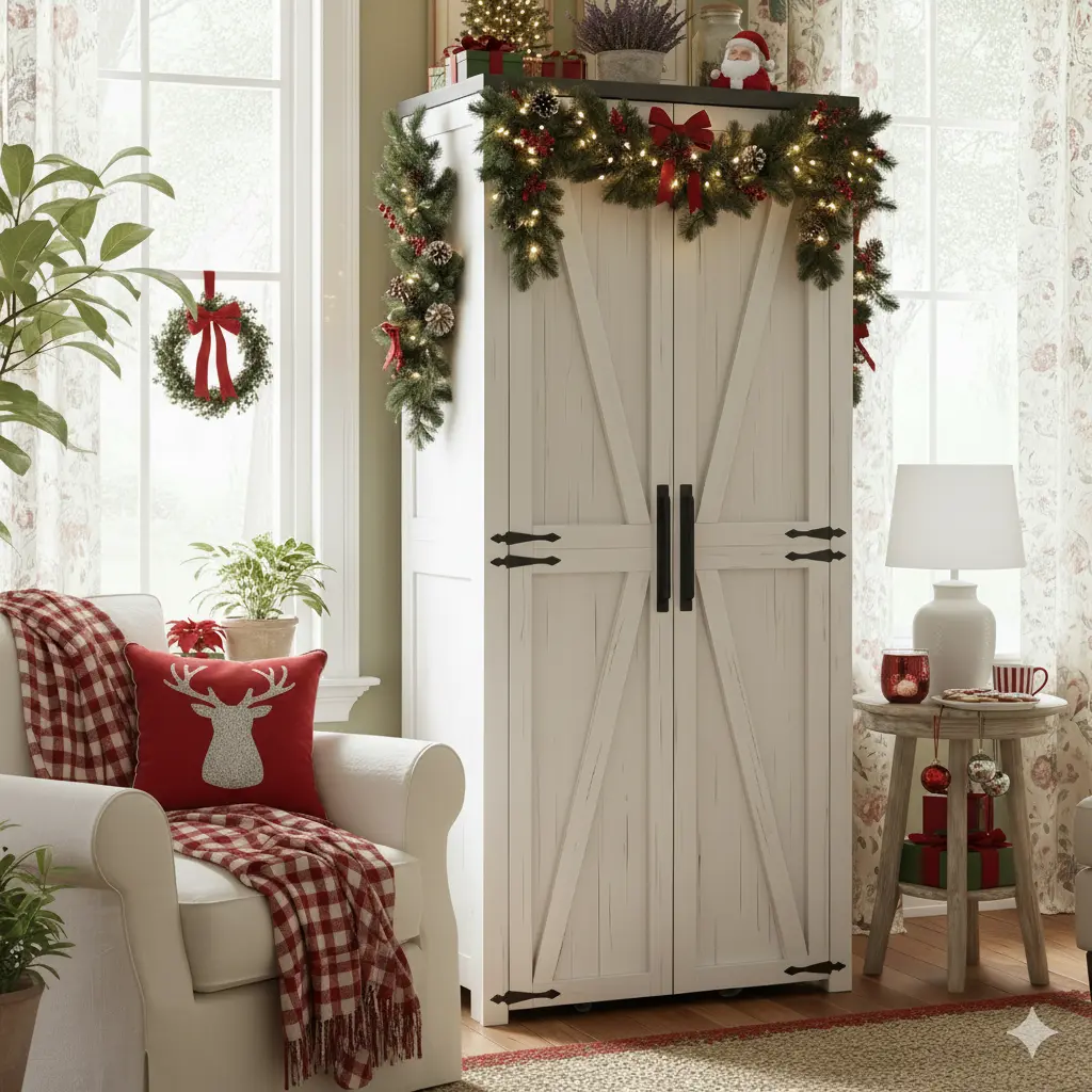Furnivio 72-in Tall Wood Kitchen Storage Cabinet - Farmhouse Rustic Style, 2 Barn Doors, Adjustable Shelves - Pantry for Large Dining Area, Living Room, Regular Door