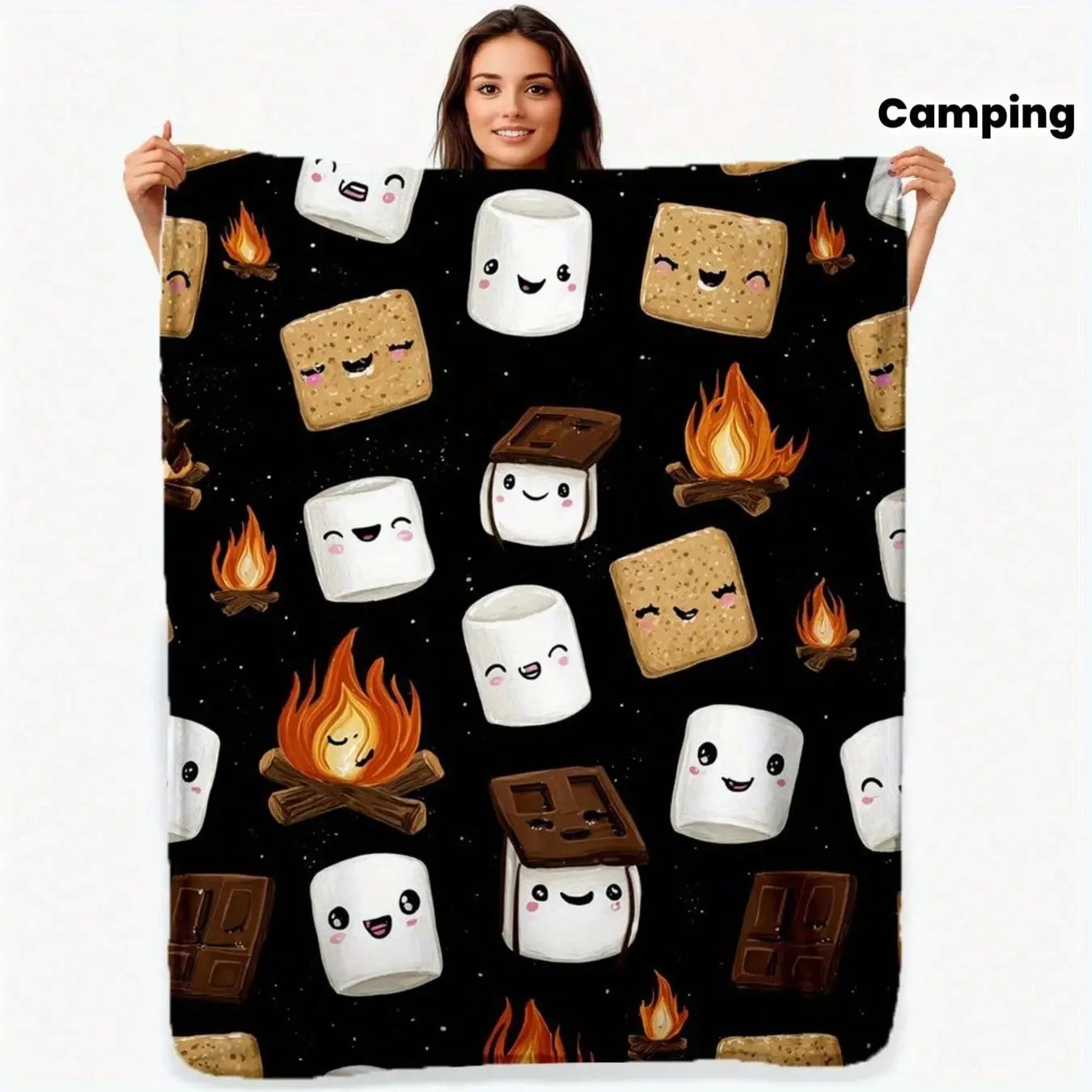 Cute Campfire Smores Pattern Flannel Throw Blanket - Soft Marshmallow Fleece Throw for Women Teens Adults, Personal Birthday