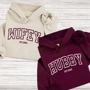 Custom Wifey and Hubby Hoodie Personalized Set Couple Matching Outfits Hoodies Pullover for Women for Men Unisex, Perfect Gift Anniversary Clothes