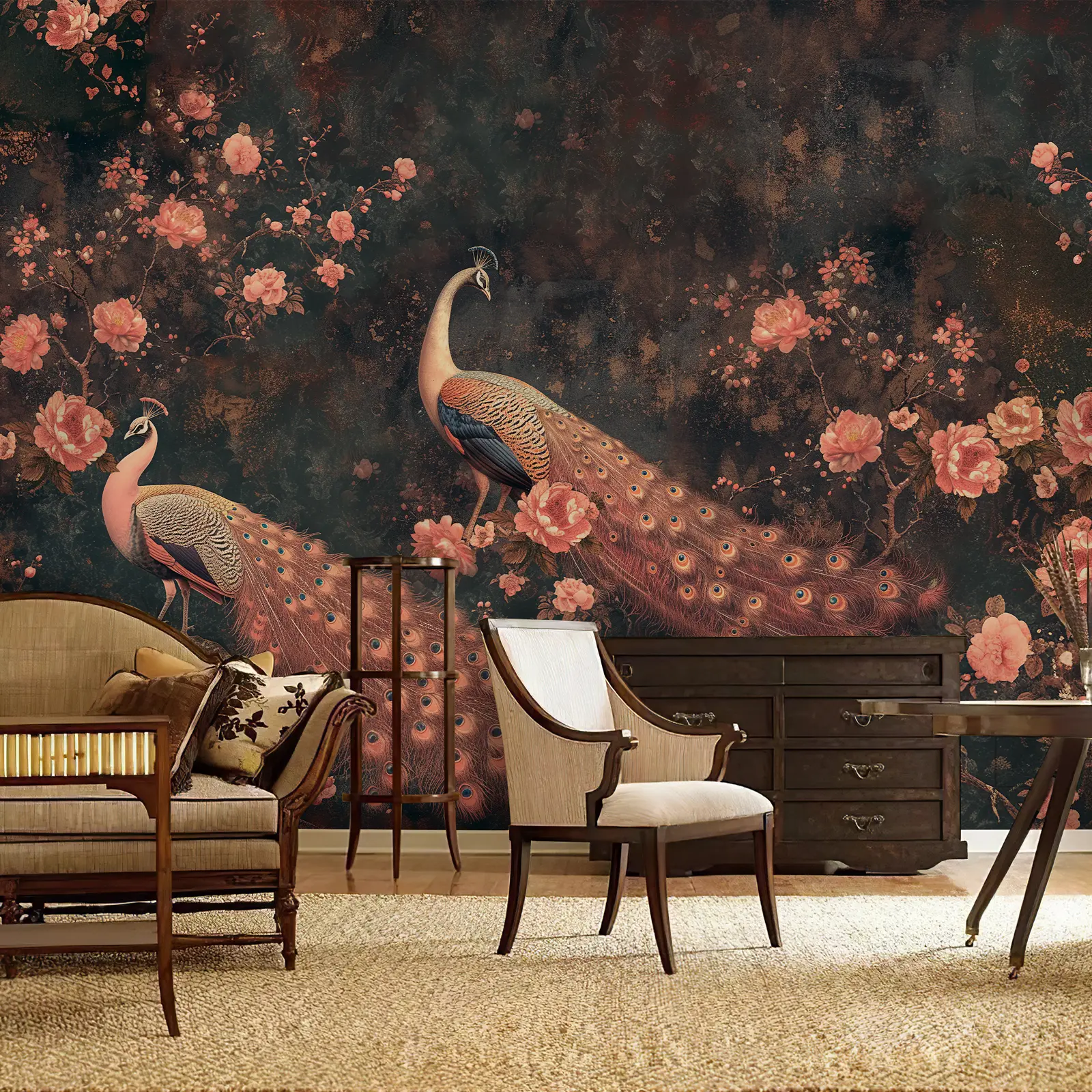 ZEEKO Peacock Floral Wall Mural Peel and Stick Wallpaper, 148" x 98" Large Vintage Bird and Flower Wall Mural, Self Adhesive Canvas Wallpaper for Bedroom, Living Room, Dining Room and Accent Wall Decor