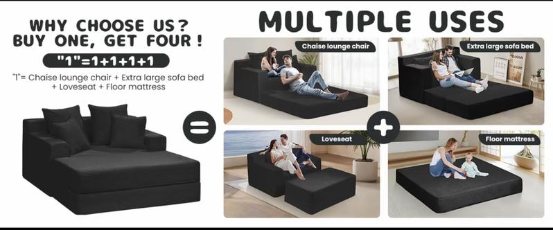 Winzoo Convertible Sofa Bed Comfortable & Cozy Design 3 in 1 Corduroy Loveseat Folding Couch Bed Foldable Chaise Lounge Chair Floor Futon Sleeper with 4 Removable Pillows for Living Room Comfortable & Cozy Design