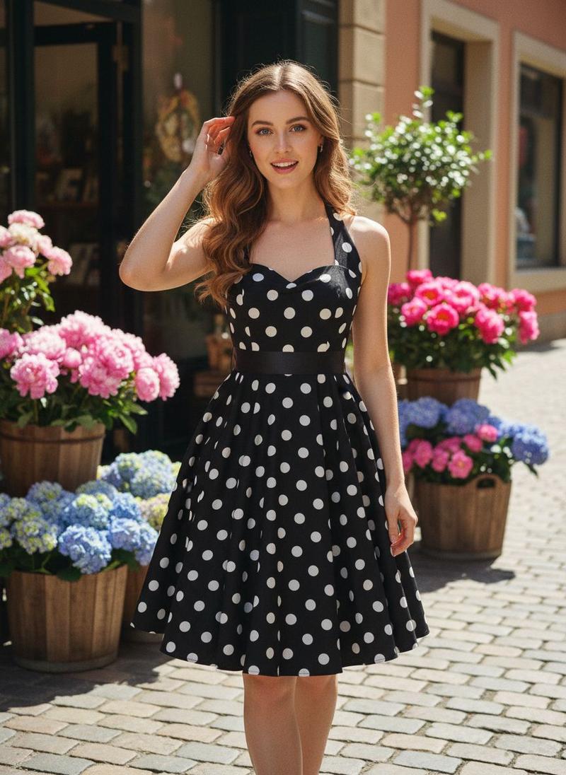 Retro Stage 1950s Vintage Polka Dot Halter Dress for Women A-line Silhouette valentine's Day with Bow Detail & Flared Skirt Casual Everyday Wear