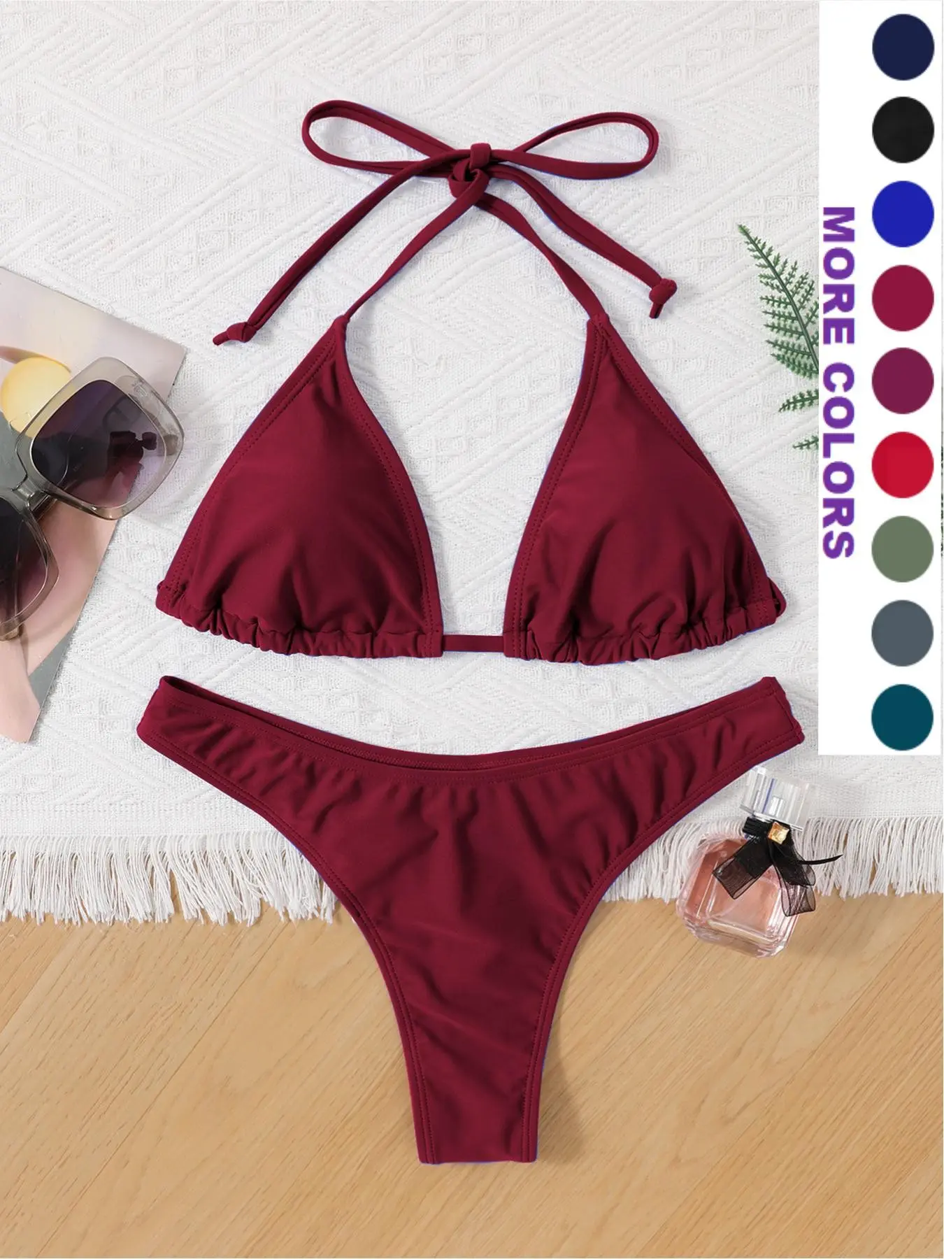 Two-Piece Set Women's Solid Color Halter Bikini Set, Casual Fashion Chic Tie Back Triangle Swim Bra & Swim Thong Swimwear Set, Ladies Swimsuit for Beach Holiday Vacation Triangle Bikini Top Triangle Bikini Bottoms Bikinis Set