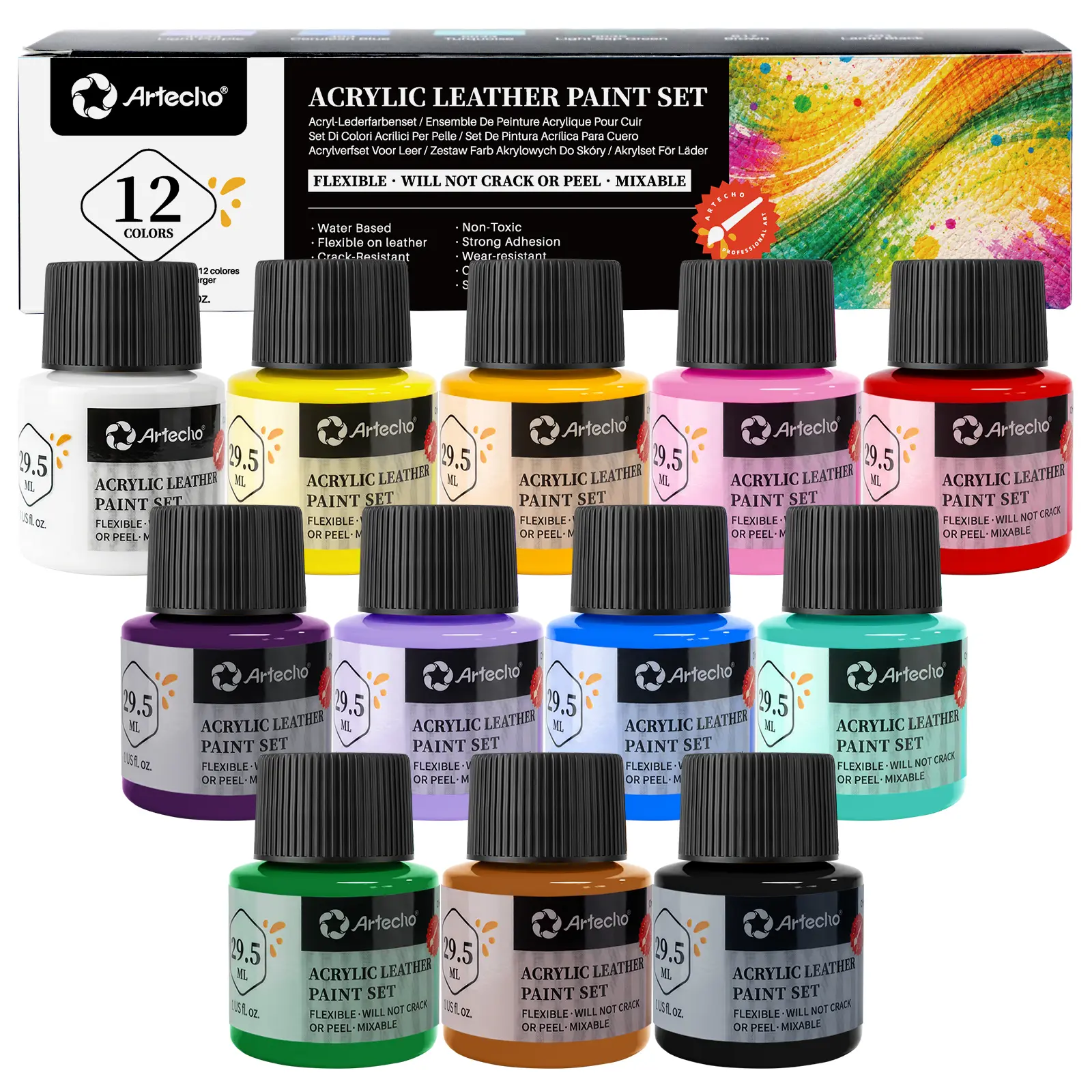 Artecho 12-Color 1oz Acrylic Leather Paint Set - Crack-Resistant, Peel-Resistant, Mixable Art Supplies with Flexible Coat for Shoes, Bags