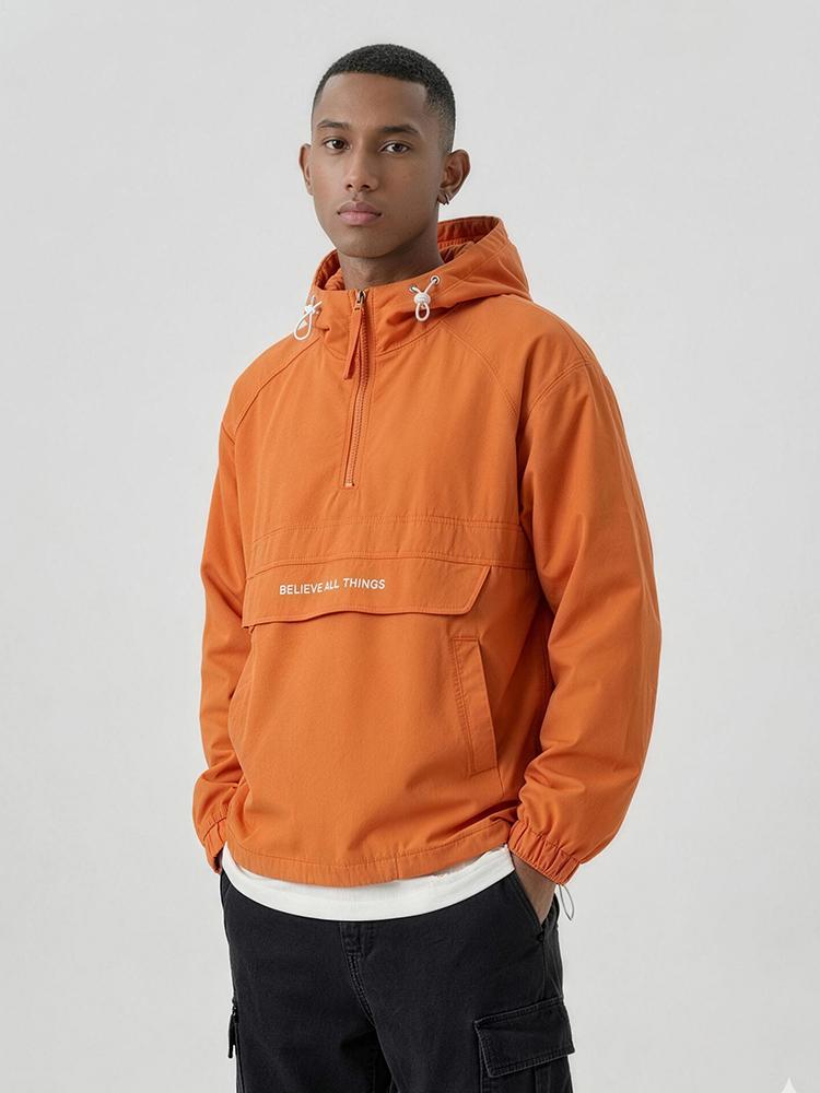 Men’s half-zip hooded jacket, pullover outdoor jacket with a half-button placket, pockets, letter print, suitable for spring and autumn outdoor activities