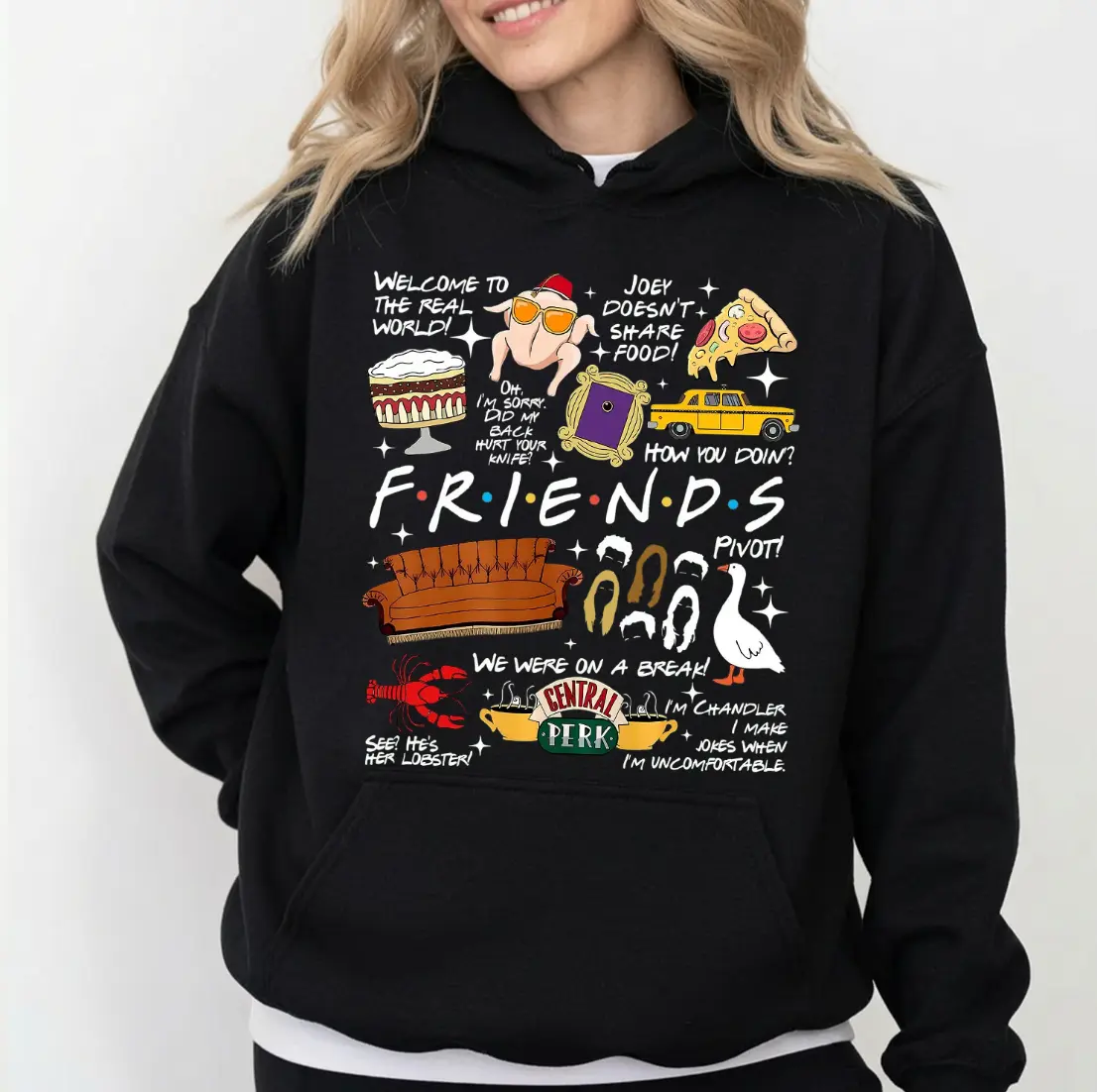 Friends 90s Sitcom Nostalgia Hoodie, he One Where It's Thanksgiving Sweatshirt, Iconic Quotes Collage Crewneck, Retro TV Show Top