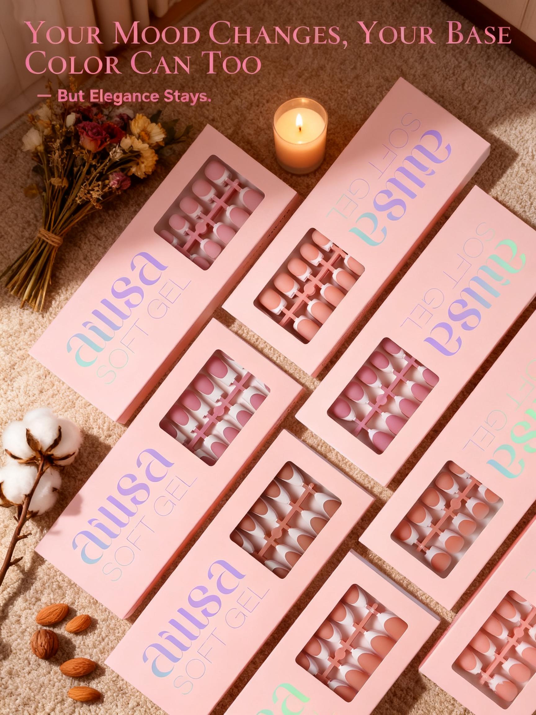 AILLSA French Nail Kit with Chrome Powder, 5 Different Base Colors, 30g Solid Nail Glue Medium Square Nail Tips Natural Fit Press On Nails DIY Fall Nail Care 2025 Birthday Gift for Women