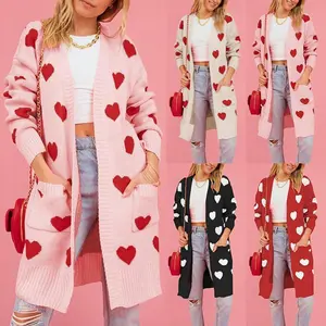 Women's Valentine's Day Cardigan Pocket Longline Cardigan, Casual Open Front Long Sleeve Knitwear for Fall & Winter, Women's Knit Clothing for Daily Wear, Lady Baggy Cardigans for Women, Womenswear, Casual Knit Top