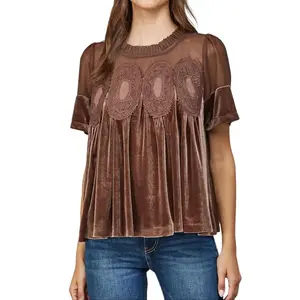 Women's Velvet Lace Blouse Casual Round Neck Short Sleeve Flared Swing Top Elegant Loose