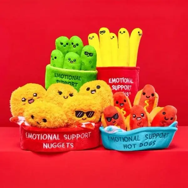 Emotional Support Pals Food Plushies (Sushi, Bread, Nuggets, Fries, Dumplings, Hot Dogs, Mushrooms, Pickles, Pizza, and more) - Great Gift Ideas for Loved Ones of All Ages - Includes 5 Plushies with Carrying Basket. Created by Relatable